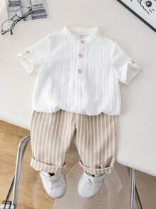 SHEIN 2pcs Babyboy Cute Casual College Style Grey Collared Shirt And Striped Elastic Waist Pants Set, Suitable For Birthday Party, Evening Party, Wedding, Baby Shower, Christening And 1st Birthday Celebration