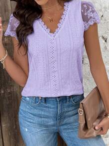 SHEIN Frenchy Women's Lace Patchwork Short Sleeve Textured Fabric Summer T-Shirt - Mauve Purple - View 4