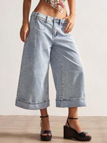 Bohemela 女式夏季波西米亚风编织低腰阔腿七分牛仔裤 - 淺色水洗藍 - 查看 1