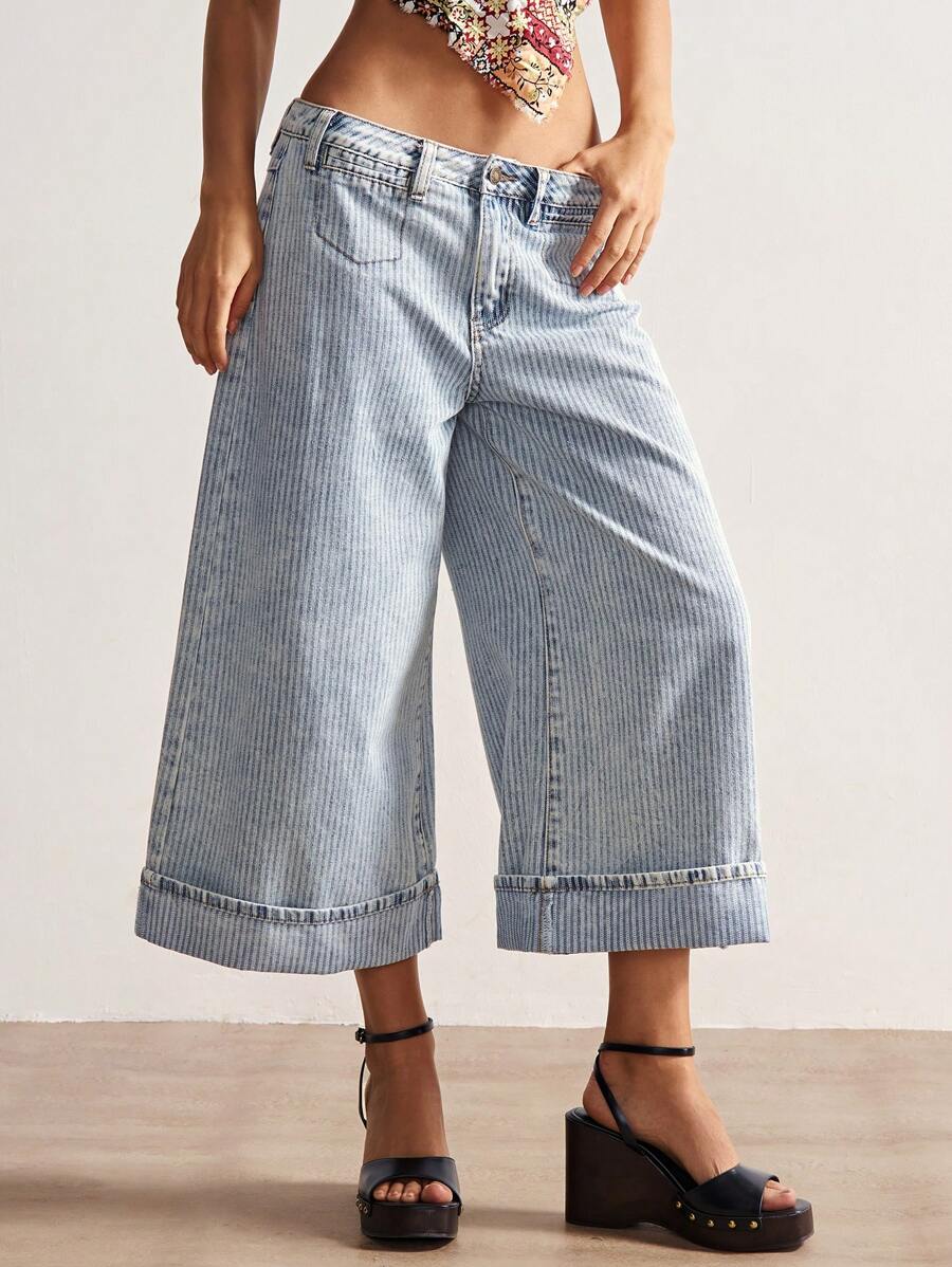 Bohemela 女式夏季波西米亚风编织低腰阔腿七分牛仔裤 - 淺色水洗藍 - 查看 1