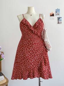Soleia Plus Size Boho Allover Heart Print Tie Side Wrap Cami Dress,Beach Dress Sundress,Holiday Outfits