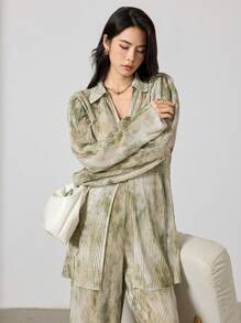 Heiryn Women Two Pieces Outfits For Daily Wear Women Summer Clothing Pleate Smudge Tie-Dye Shirt Trousers Resort Suit