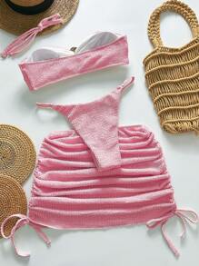 SHEIN Swim 3pcs Women Summer Beach Vacation Solid Color Textured Fabric Gold-Color Asymmetrical Ring Decor Halter Bandeau Top And Thong Bikini Bottoms With Half Slip Skirt Swimsuit Set - Pink - View 2