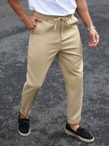 Manfinity Homme Men's Solid Color Pleated Waist Tie Tapered Casual Pants - Khaki - View 1