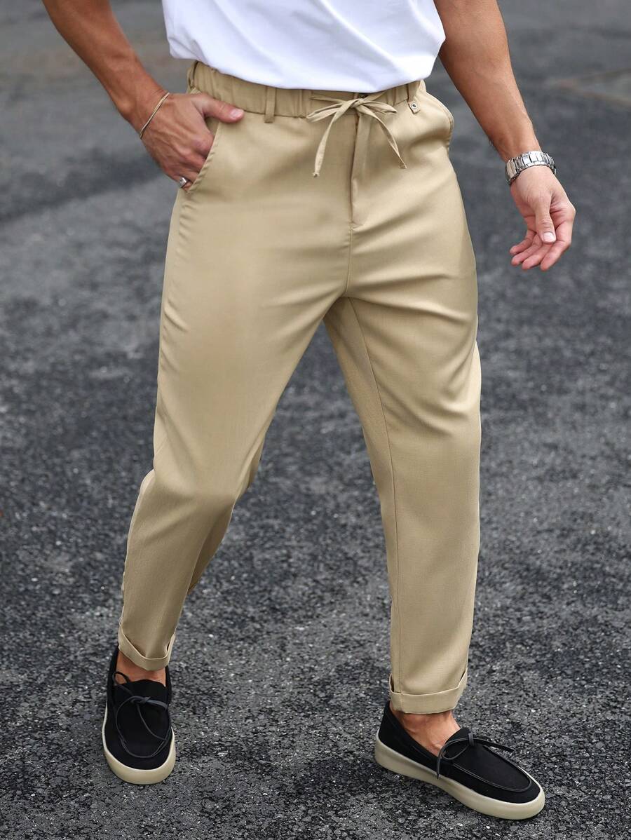 Manfinity Homme Men's Solid Color Pleated Waist Tie Tapered Casual Pants - Khaki - View 1