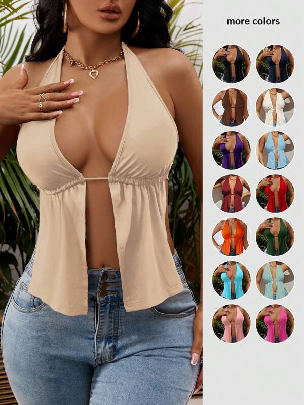 SHEIN SXY Summer Front Slit, Backless, Knotted Halterneck Beach Top