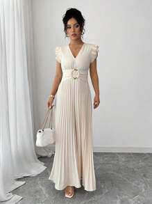 Elenzga Pantalones de verano bohemios, elegantes y encantadores para mujer, con estilo romántico y francés, sin mangas, cuello en V y cintura con volantes, para vacaciones en la playa