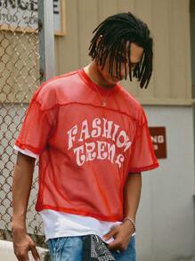 Manfinity Streetrush Camiseta de manga corta con diseño de letra de estilo callejero joven, semi transparente y con hombros caídos