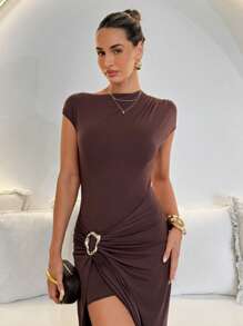 SHEIN Clasi Damen elegantes Maxikleid mit schlanker Passform und Metallschnallen-Dekor, Urlaubs-Sommer