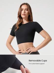 GLOWMODE FeatherFit™ Prime Time Sweat Wicking Removable Cups Stretchy Ultra Crop Top Baby Tee Low Impact Yoga Pilates Studio Gym Daily Active Wear - Black - View 3