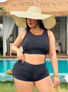 SHEIN Swim Curve Plus Size Solid Color Tank Bikini, Fashion Suitable For Summer - Black - View 1