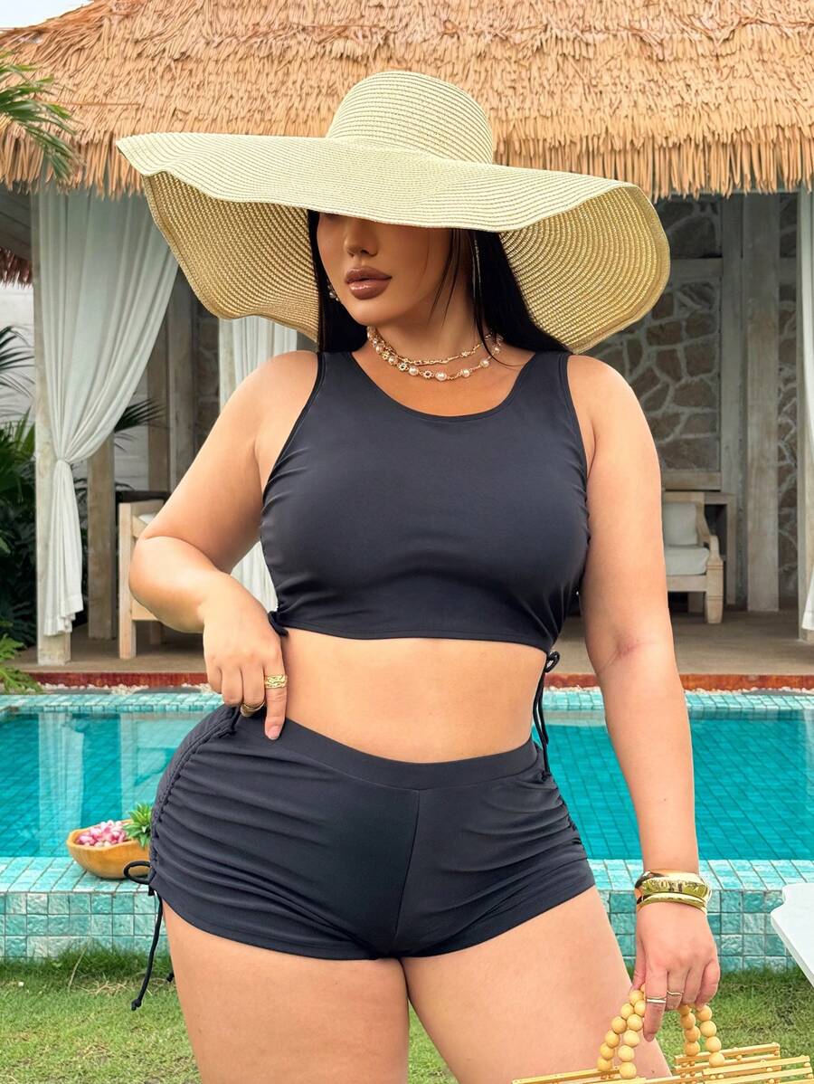 SHEIN Swim Curve Plus Size Solid Color Tank Bikini, Fashion Suitable For Summer - Black - View 1