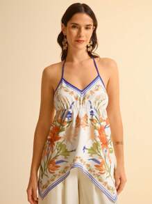 CAJUNI Top de tirantes finos asimétrico con pliegues y estampado floral para mujeres, con espalda descubierta y diseño sexy, para verano