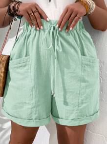 EMERY ROSE Plus Size Solid Color Front Tie Pocket Casual Shorts, Daily Wear