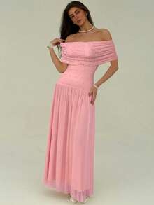 Aloruh Women's Elegant Solid Beaded Off Shoulder Maxi Dress For Summer - Pink - View 3