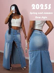 Slaydiva 2025 年夏季新款音乐节、生日派对、毕业典礼、学生日常穿着、休闲装、度假装、邮轮旅行、海滩装、日光浴装、时尚装、街头风格、朋克装、牛仔装、牛仔女孩装、做旧装、荷叶边装、高开衩装、金属纽扣装、前开襟装、修身美人鱼下摆装、牛仔蓝女式牛仔迷你裙 - 藍色 - 查看 2