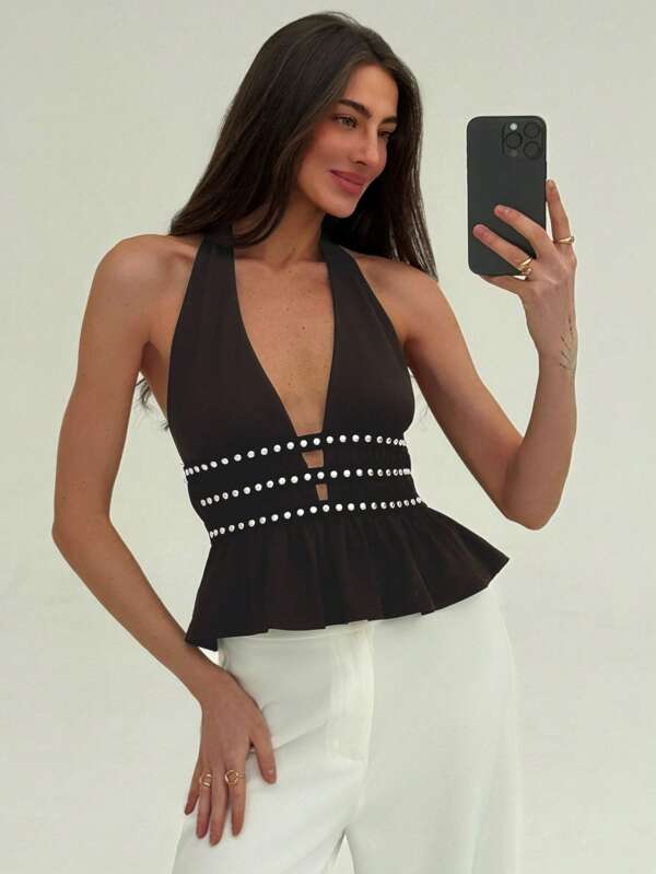 Aloruh Top sin mangas con cuello halter y decoración de perlas para mujer