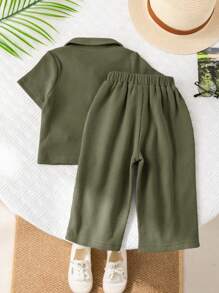 SHEIN 2pcs/Set Baby Boy Polo Collar Short Sleeve Henley Shirt And Casual Long Pants Set