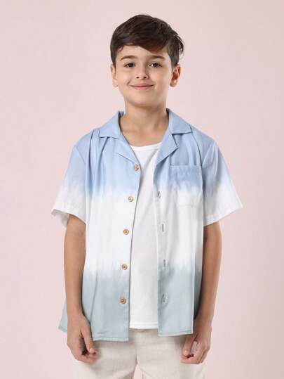 SUMWON 休闲夏季短袖纽扣衬衫扎染渐变男童青少年清凉海滩度假透气亚麻感上衣假日日常穿着
