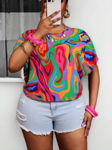 SHEIN CURVE+ Plus Size Casual Simple Colorful Striped Summer Shirt, Curve Plus, Boho Vacation Beach Outfits For Woman/Beach /Beach Vacation Outfits/Beach Essentials / Graduation/Tea Party  Summer/Country/Beach Vacation Outfits/Beach Outfits/Beach Wear - Multicolor - View 8