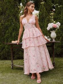 SHEIN Unity Elegant Pink Long Floral Print Halter Neck Ruffle Dress, Romantic For Banquets, Dates, Gatherings, Summer - Pink - View 8