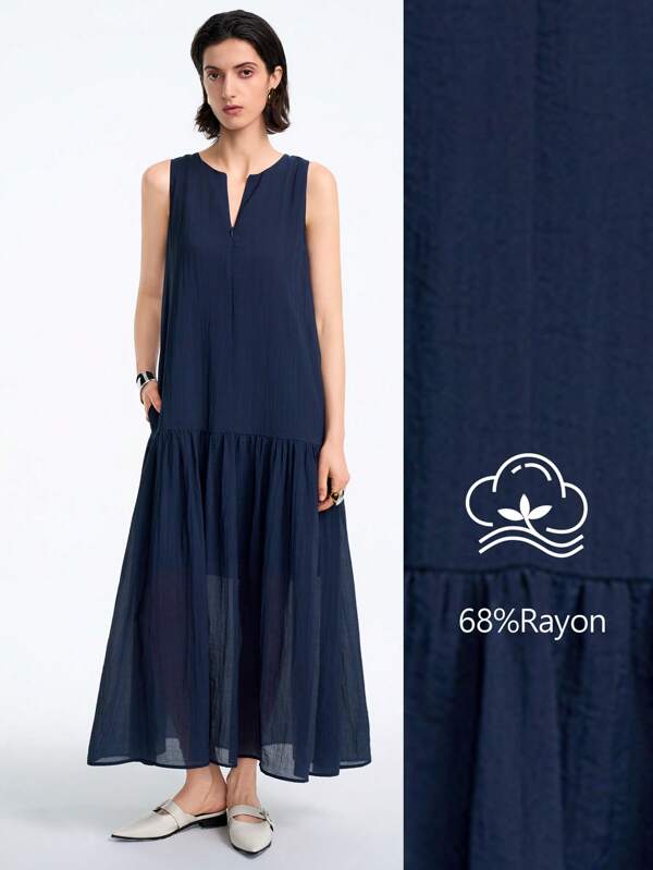 Aalyst Vestido maxi sin mangas, cómodo y holgado, de unicolor, de tela semitransparente, con cuello redondo, cierre invisible delantero, volante en el bajo y bolsillo lateral, para uso casual y vacaciones, primavera/verano, elegante y sencillo de alta gama