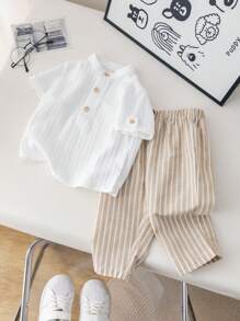 SHEIN 2pcs Babyboy Cute Casual College Style Grey Collared Shirt And Striped Elastic Waist Pants Set, Suitable For Birthday Party, Evening Party, Wedding, Baby Shower, Christening And 1st Birthday Celebration
