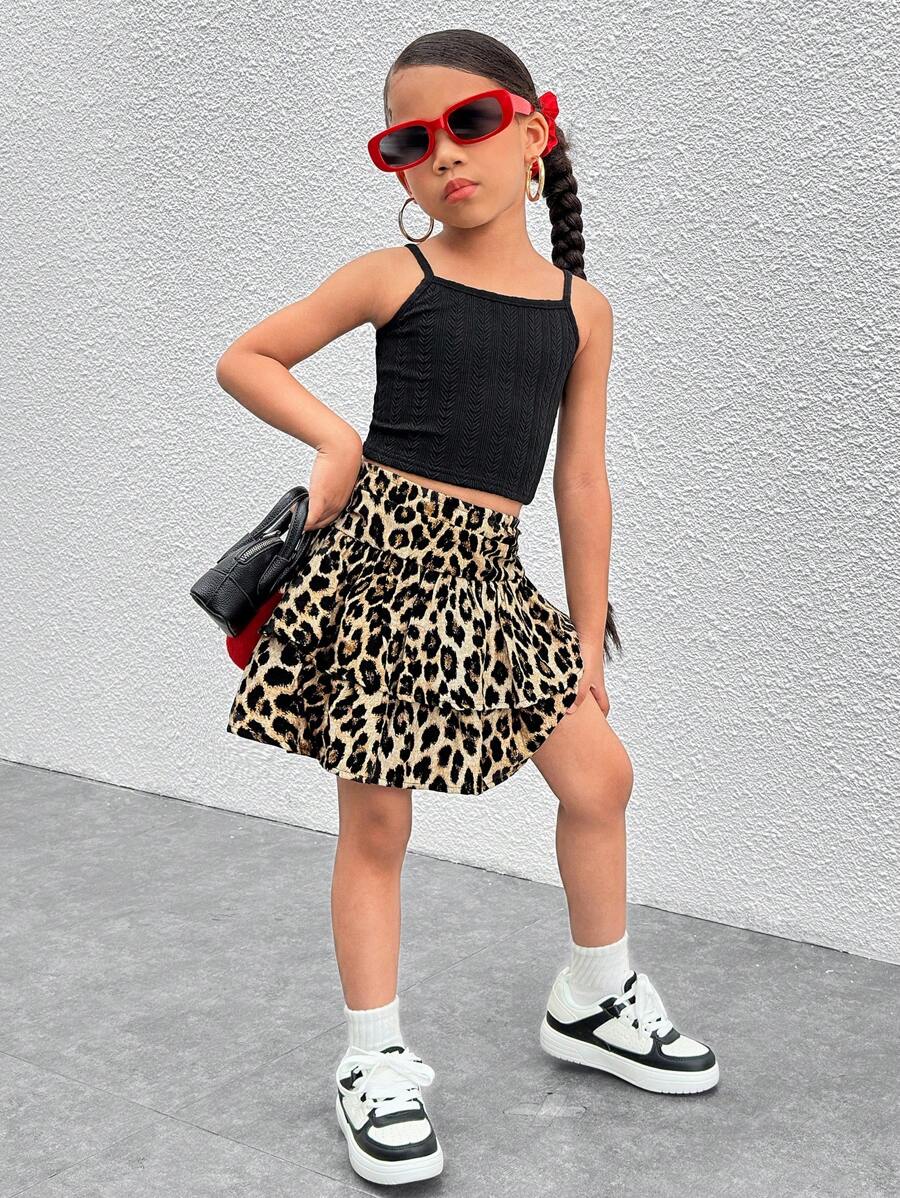 Young Girl Woven Leopard Print Slim-Fit Casual Skirt - Brown - View 1