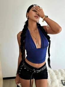 SHEIN SXY Women's Solid Color Sexy Twist Halter Open Back Camisole - Navy Blue - View 1