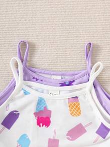 SHEIN 4 件套少女卡通冰淇淋花朵图案宽松吊带短裤睡衣套装，休闲夏季 - 紫色 - 查看 4
