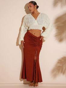 Hauture Women's Deep V-Neck Ruched Long Sleeves Sheer Crop Top - Beige - View 4