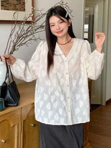 Dazy Plus Plus Size V-Neck Lace Trim Loose 3/4 Sleeve White Shirt Long Sleeve Top - White - View 5