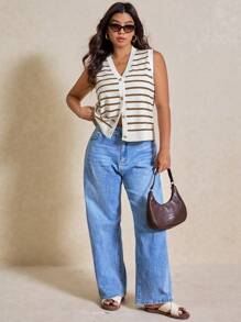 Elaquor 秋冬大码夏季休闲拼色条纹针织背心 - 棕色 - 查看 3