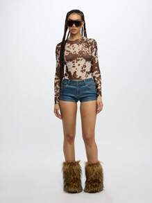 SUMWON WOMEN Cow Print Mesh Sheer Long Sleeve Top