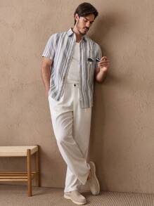 Manfinity VCAY 男士梭织条纹修身短袖休闲衬衫，夏季 - 藍白色 - 查看 2