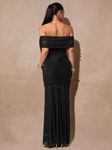 Silquee Women's Black Off Shoulder Fitted Elegant Dress, Island Dress, Flowy Hem Dress, Sexy See-Through Outfit, Summer, Women's Summer Outfit, Summer Outfit, Women's Beach Outfit, Women's Elegant Outfit, Women's Summer Dress, Graduation Outfit, Graduation Dress, Flowy Dress, Ibiza Outfit, Summer Festival Beach Resort - Black - View 2