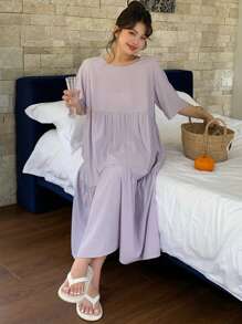 Dazy Plus Plus Size Solid Color Loose Fit Round Neck Short Sleeve Long Purple Nightgown, Pajama - Purple - View 3