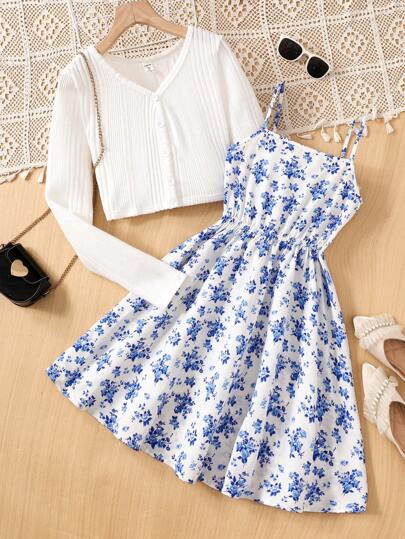 SHEIN Teen Girls 2pcs Set Ribbed Knit Cardigan Jacket And Ditsy Floral Waisted Strap Dress, Vintage Casual Holiday Outfit