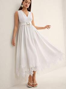 GENKIRA New Summer Classic Casual Vacation Style V-Neck Metal Sun Buckle Decor Cinched Waist Fitted Slim Lace Patchwork Hem Flared Dress, Elegant Court Style Sleeveless Ladies Dress - White - View 3