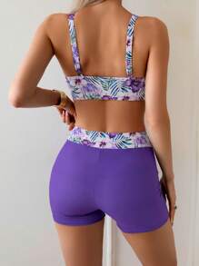 SHEIN Women's 2 Pieces Tropical Plant Print Ruched Front Tankini And Swim Shorts Casual Beach Vacation Bikini Set For Summer - Purple - View 2