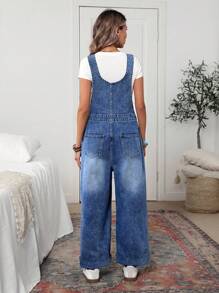 EMERY ROSE Loose Casual No Stretch Zipper Pocket Washed Denim Bib Overall Wide-Leg Pants - Dark Wash - View 4