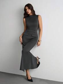 SHEIN Tall Sleeveless Solid Color Crop Top And Bodycon Skirt 2-Piece Set Office Outfits For Women Business Women Attire - Grey - View 7
