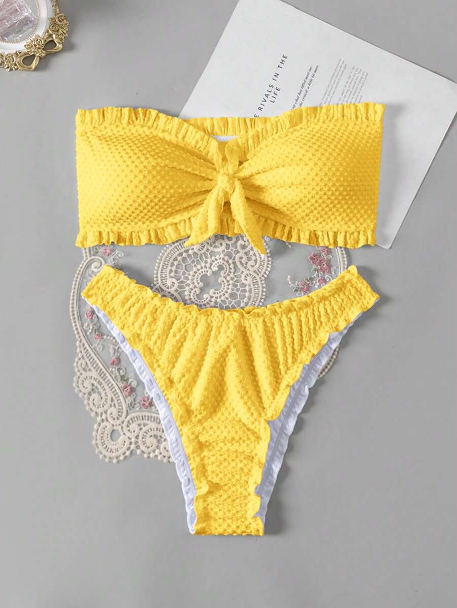 Swim Mod Women's Solid Color Frill Trim Knot Front Crop Tankini 2 Pieces Swimsuit For Summer Beach Vacation - Yellow - View 1