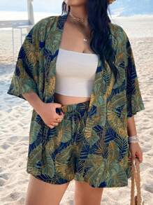 SHEIN VCAY 大码女式蓝叶印花和服式衬衫和短裤沙滩两件套