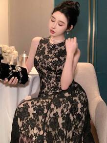 DAZY Lace Round Neck Sleeveless A-Line Pleated Mid-Calf Dress For Women