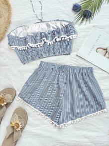 Flirla Plus Size Women Stripe Flounce Hem Jumpsuit And Shorts Set - Blue and White - View 2