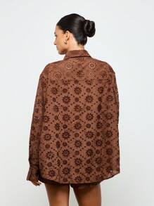 AiiRZ Broderie Anglaise Oversized Shirt With Back Cinched Waist Button Detail - Coffee Brown - View 7