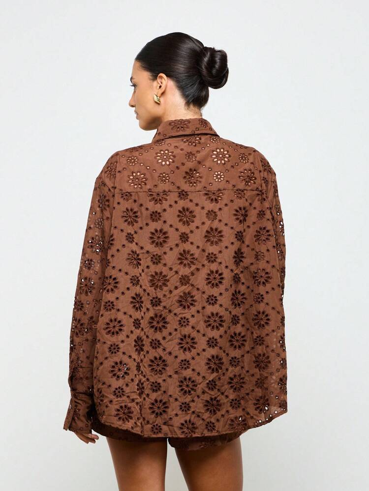 Broderie Anglaise Oversized Shirt With Back Cinched Waist Button Detail