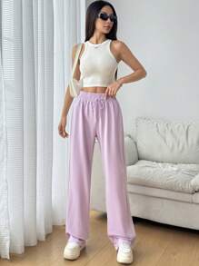 SHEIN EZwear Spring Purple Solid Drawstring Waist Sweatpants Graduation,Back To School Outfits,Graduation,Teacher Outfits For Women,Back To School - Purple - View 4