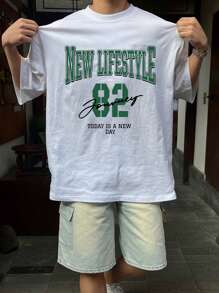 DAZY Camiseta blanca con estampado de letras verdes, telas gráficas para hombre, para el verano